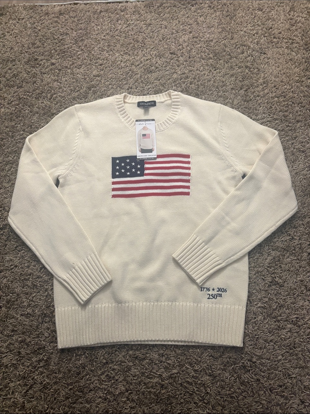 State of Mine Kids Cream Crewneck Sweater with Flag Graphic